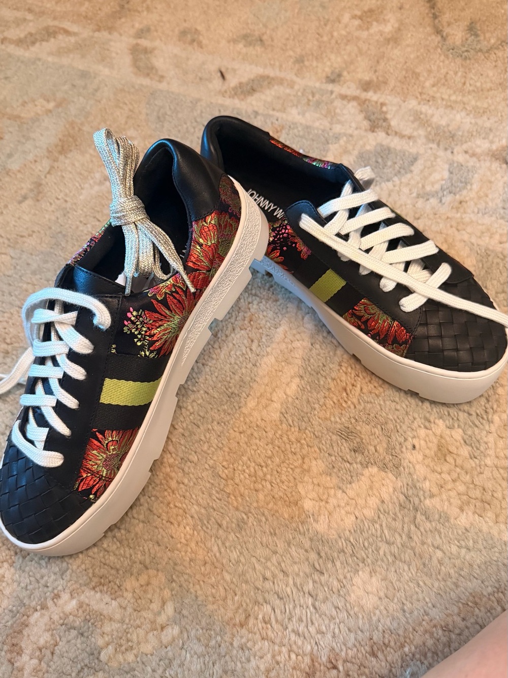 Johnny Was Black Floral Low-Top Sneakers with Lime Stripe